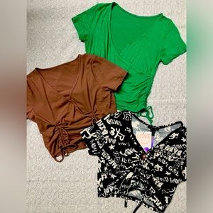 Bundle of 3 cropped tees, 1 NWT. Baby girl print, green, & brown- juniors medium